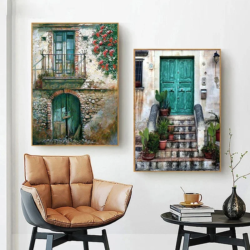 Vintage Door Window Ladder Travel Landscape Canvas Painting Posters and Prints Wall Art Pictures for Living Room Home Decor