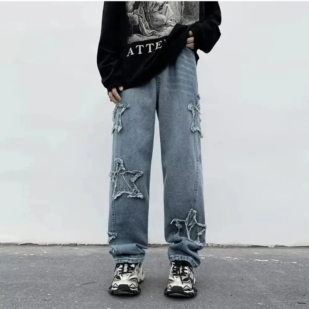 Fashion Mens Jeans Stars Towel Embroidery Baggy Men Jeans Y2K Clothes Straight Hip Hop Cotton Trousers Streetwear Men Clothing