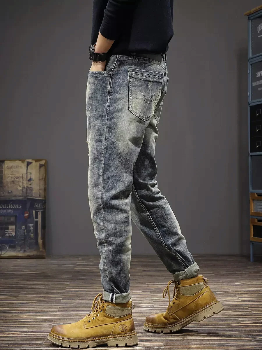 Italian Style Fashion Men Jeans Retro Blue Stretch Slim Ripped Jeans Men Elastic Trousers Vintage Designer Denim Pants Hombre