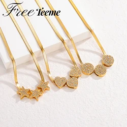 Freeteeme Trendy Welding Zircon LOVE Blade Chain Necklace for Women Bling Heart Star Imitation Pearl Choker Daily Jewelry Gift