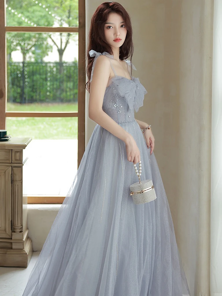 

Vintage Blue Gray Bridesmaid Dress Spaghetti Strap Bow Beading Romantic High-end Wedding Banquet Party Prom Gowns Princess New