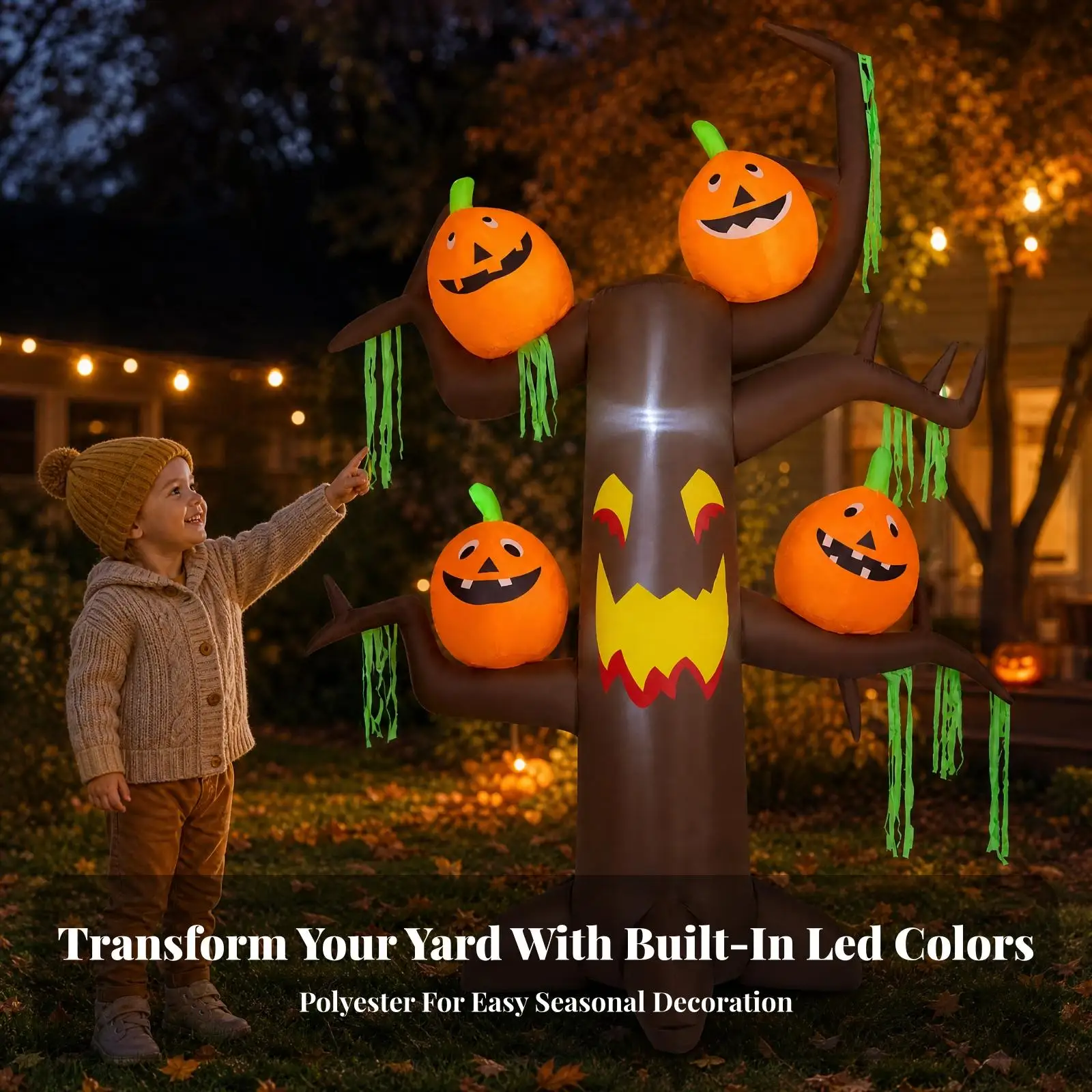 Inflatable Halloween Yard Decoration Lighted Inflatable Tree with Jack-O'-Lantern Faces Illuminated Lawn Decoration for Party