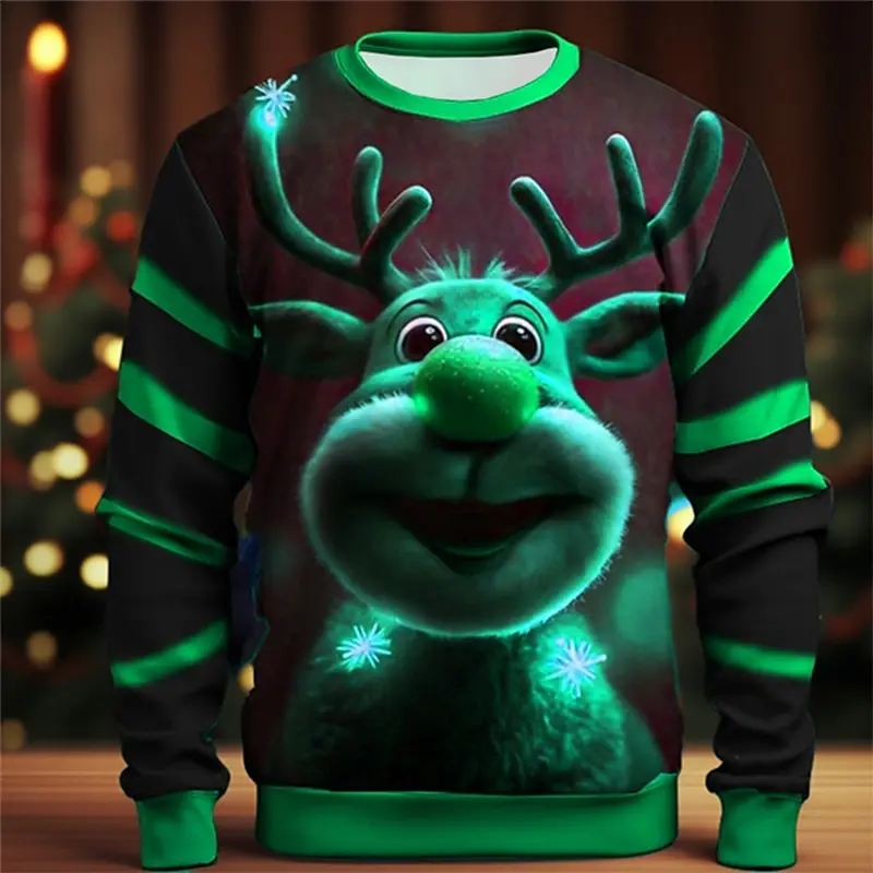 Men's Milu deer pattern 3D printed sportswear long sleeved hooded sweatshirt round neck fashion Casual vacation men's clothing