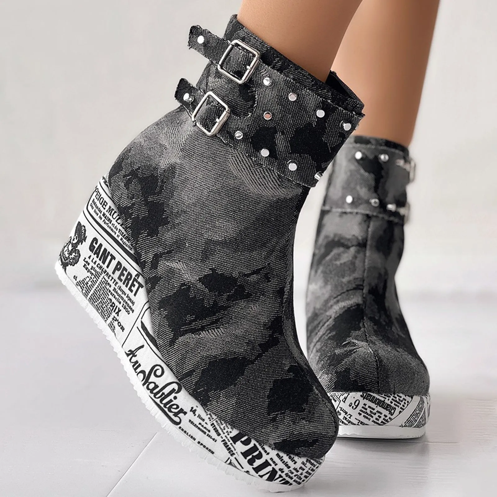 Y2K Women Boots Denim Fabric Fashion Printed Wedges High Heels Rhinestone Decro Ankle Boots Platform Vintage Ladies Winter Boots