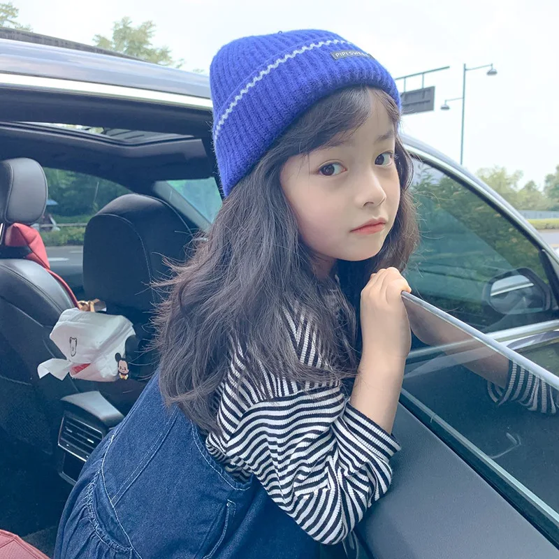 Children's Horizontal Label Wool Cap Autumn and Winter with Warm Ear Protection Fashion Head Cap Boys and Girls Beanies