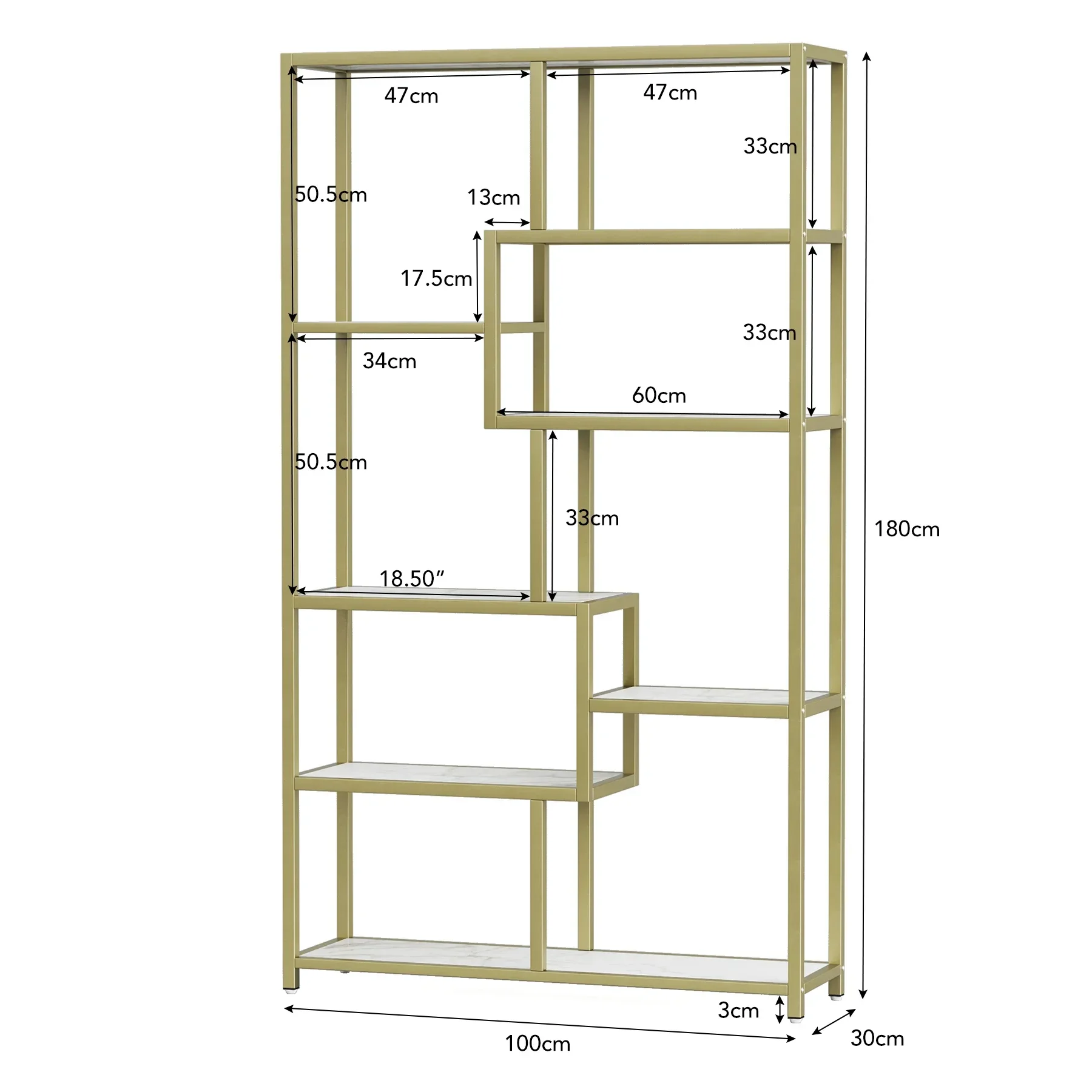 

Gold 8-Open Shelf Etagere Bookcase with Faux Marble, Modern Book Shelves Display Shelf