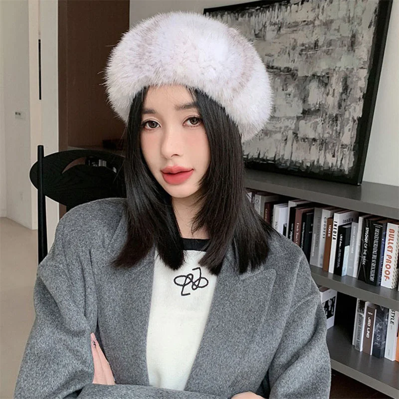 

Mink Beret Women's Winter Leisure Warm Real Mink SKin Hat New Korean Fashion Thickened Plush Banquet Elegant Hat