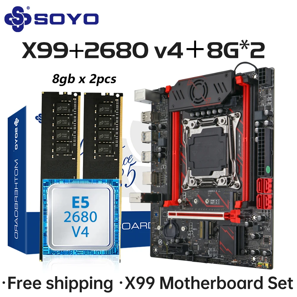 

Комплект игровой материнской платы SOYO X99 C612чип с процессором Intel Xeon E5 2680 V4 DDR4 16G[8G*2] 2133 МГц ОЗУ Компьютерные компоненты Материнская плата
