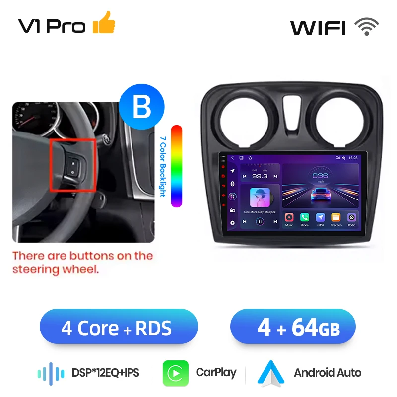 Junsun draadloze CarPlay Android Auto autoradio voor Dacia/Renault Logan 2 & Sandero 2 2012-2020 met ingebouwde koelventilator, Android GPS navigatie, multimediaspeler, WiFi, DSP, RDS, BT, SWC, IPS