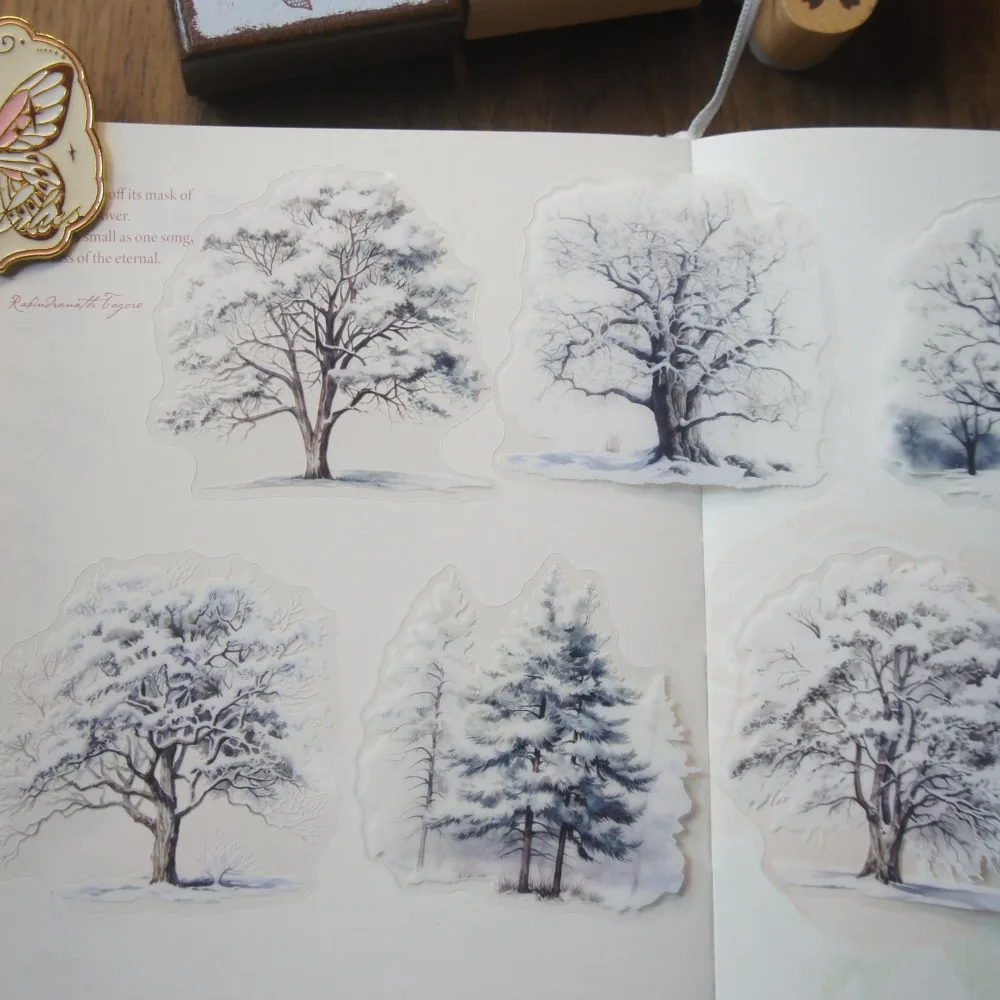 15pcs Christmas Snowy Day Cedar Forest Tree Style PVC Sticker Scrapbooking Background DIY Gift Decoration Tag