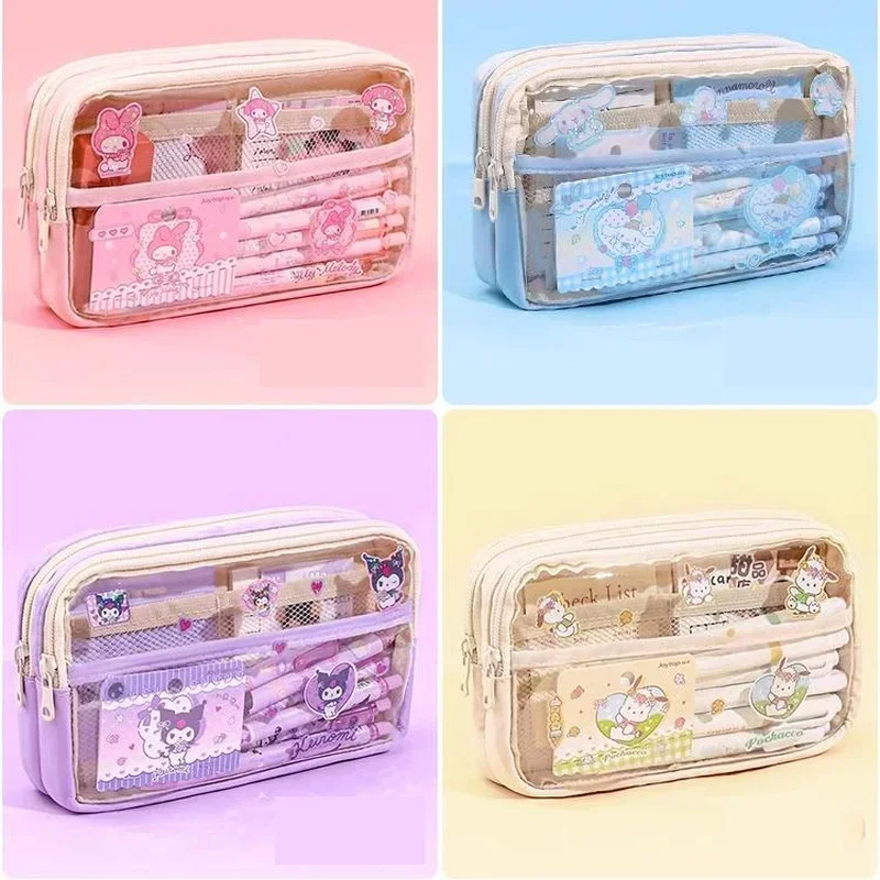 Imagem -05 - Bolsa de Papelaria Transparente de Três Camadas Lápis Kuromi Estojo Desenhos Animados Japoneses Melodia Cinnamoroll Nível de Aparência Alta Pen Bag