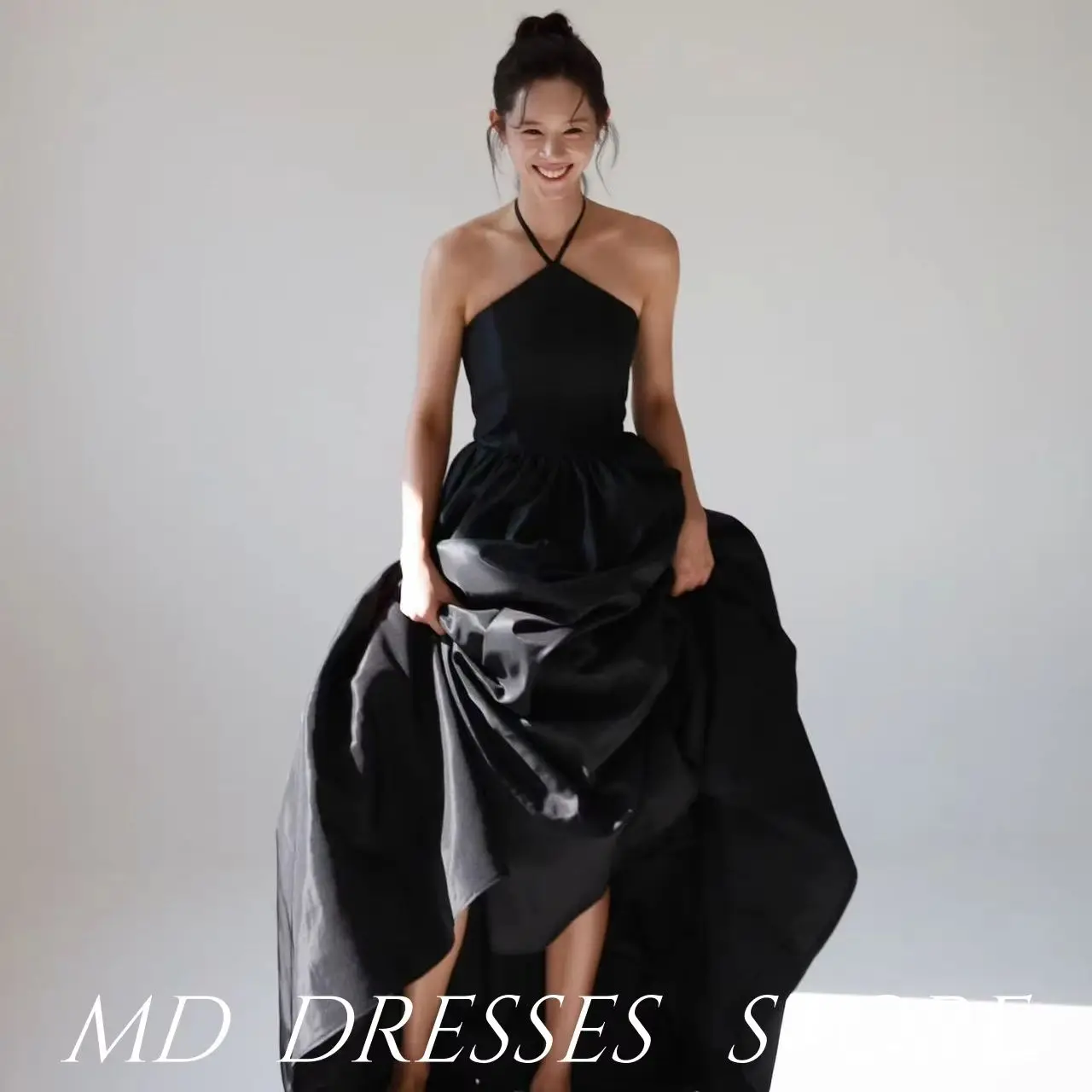 

MD Simple Black Halter Evening Dresses A-line Korea Wedding Photo shoot Sleeveless PleatFormal Occasion Customized Prom Gown