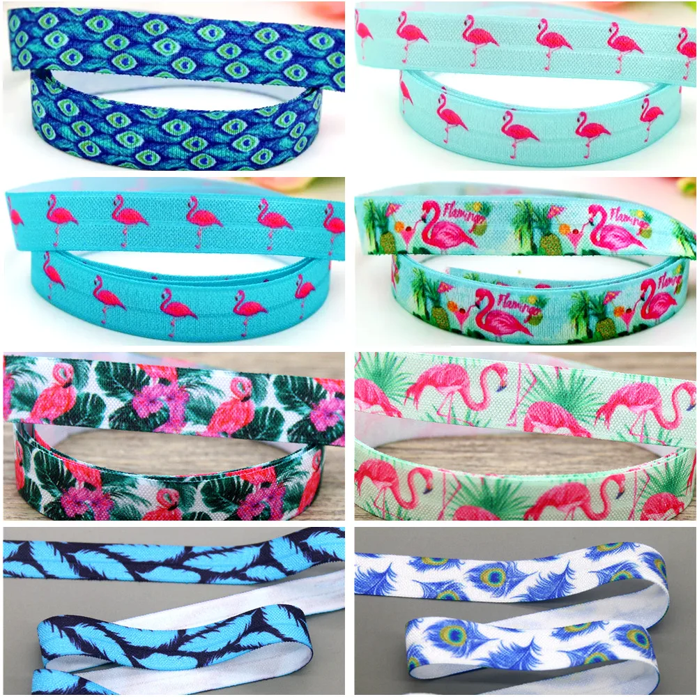 DHK 5/8'' 5yards Flamingo Peacock Feathers Printed Fold Elastic FOE Stretch Ribbon Hairbow Headwear Wholesale C1504