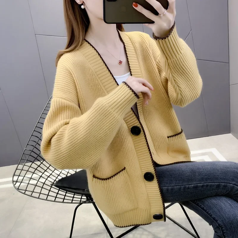 Xiaoxiangfeng-Cardigan Triblockchain à Boutonnage Simple pour Femme, Veste Ample, Vêtements de Printemps et d'Automne, Scicolor