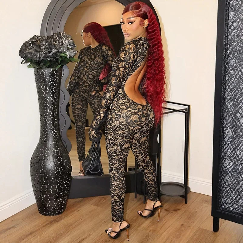 

Backless Skinny Lace Jumpsuits with Lining Women Sexy O-neck Long Sleeve Slim Club Party Overalls Fashion Casual Rompers