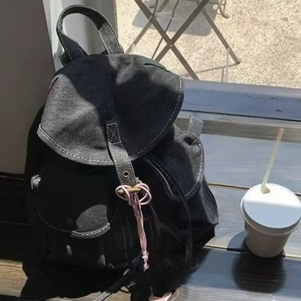 

New Washed Denim Retro Backpack Drawstring Multi-pocket Schoolbag Lace-up Exposed Stitching Canvas Bag Students