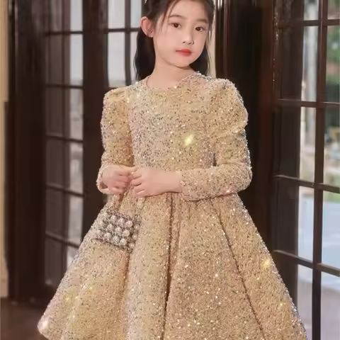 2026 Girl's Birthday Princess Dress Dress Children's Long Sleeve Evening Dress Children's Spring/Autumn Round Neck Dress LI863