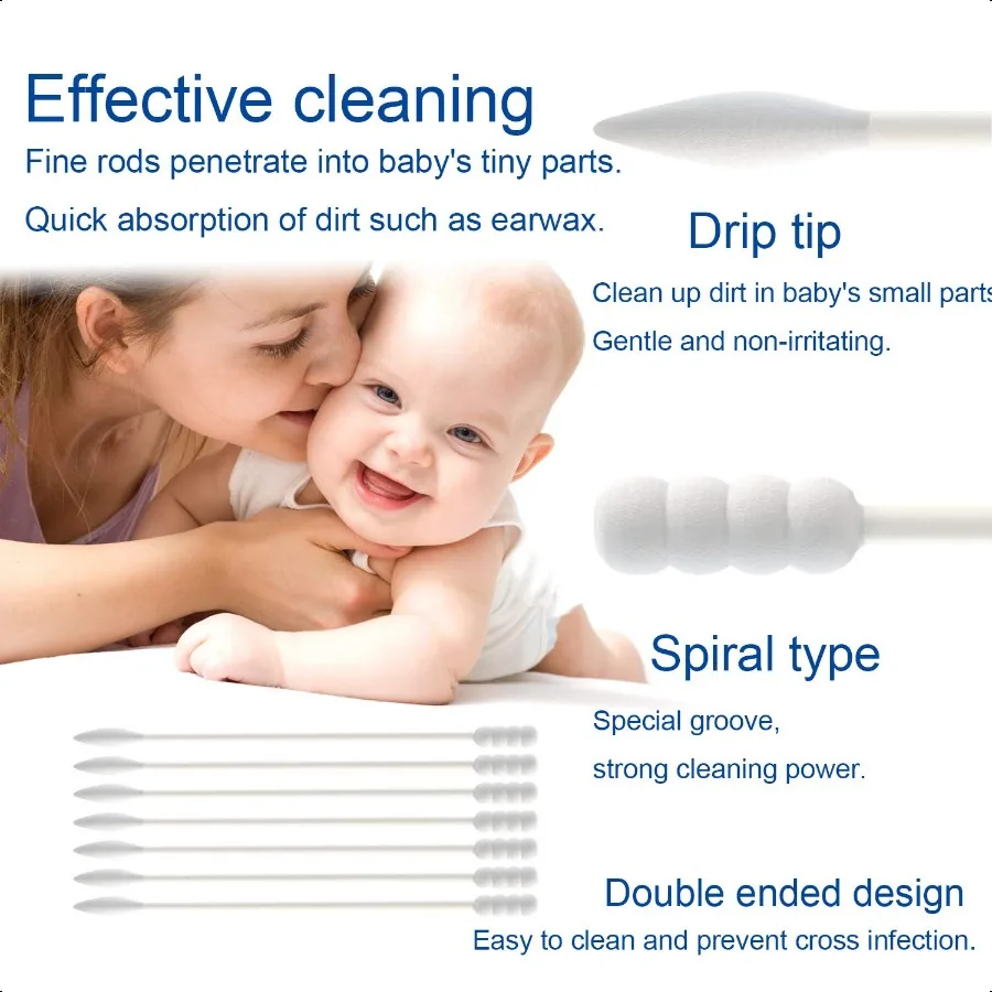 ベビー用綿棒、紙軸綿棒、耳鼻掃除用、200本入り、スパイラル型と先細型