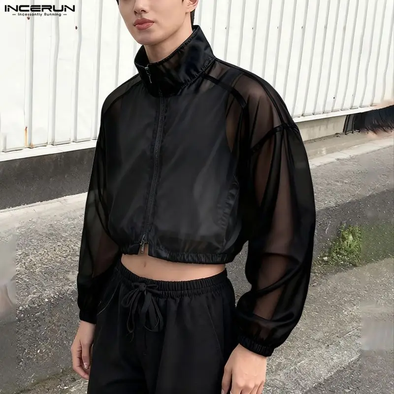 INCERUN Men Jackets Solid Color Stand Collar Long Sleeve Zipper Male Crop Coats Streetwear See Through Sexy Fashion Outerwear