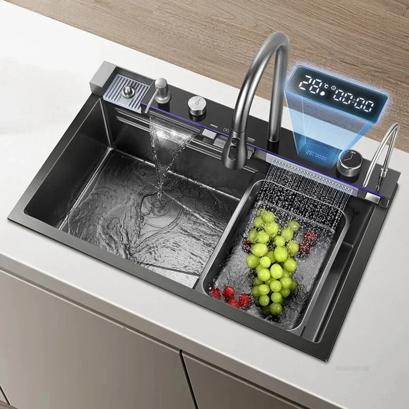 Raindance Waterfall Kitchen Sinks Nano Stainless Steel 304 Home Kitchen Wash Basin Digital Display Embossed Large Single Slot