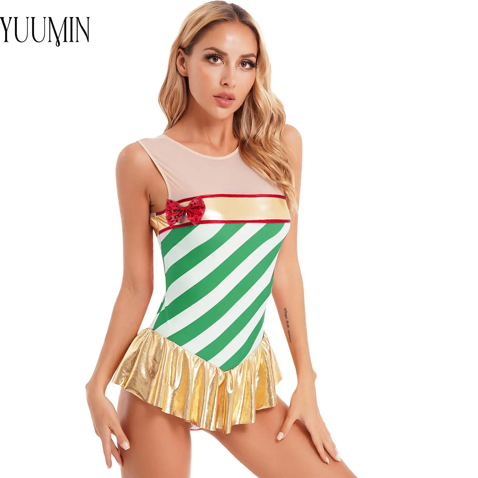 Women Christmas Stage Performance Costume Sexy Bodysuit Patchwork Striped Dance Dress Sleeveless Ruffled Leotard Dress Dancewear