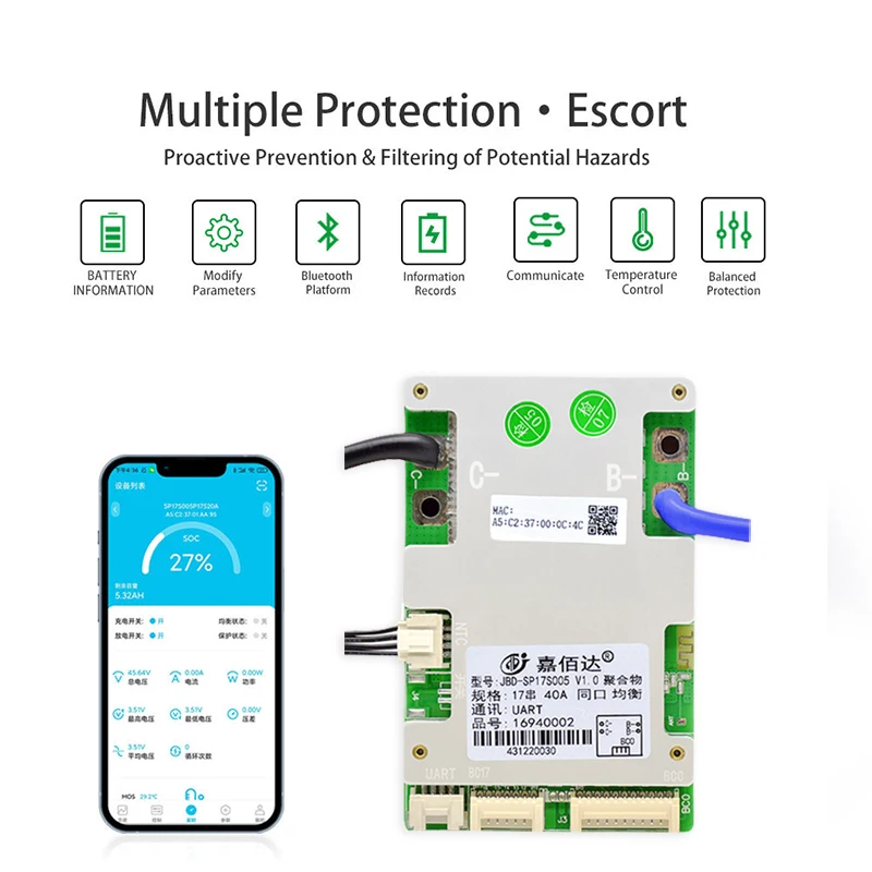 JBD Smart BMS 10S 11S 12S 13S 14S 15S 16S 17S 120A 360A For LifePo4 36V 48V Lithium Battery Bms Built-in BT smart balance board image 5