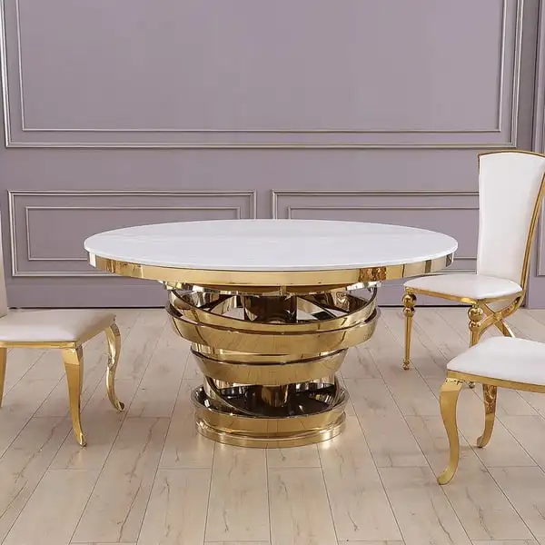 

bv-Modern Luxury Round Dining Table Set White Glass Top Golden Metal Base for Home Banquet Living Room Entry Kitchen Wedding·