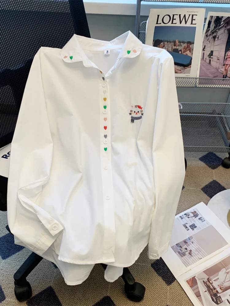 

Women's White Shirts and Blouses Y2k Aesthetic Streetwear Vintage Korean 2000s Elegant Long Sleeve Embroidery Shirt Clothes 2024