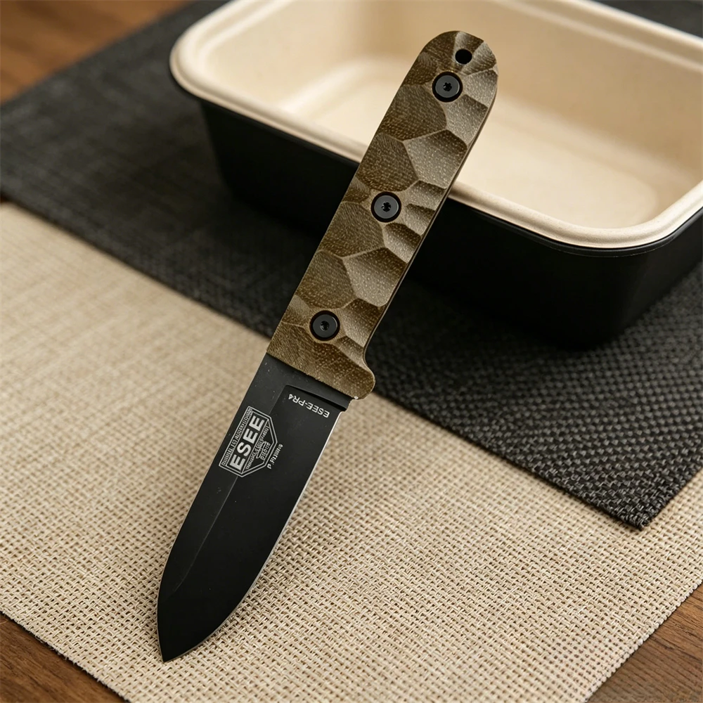 

PR4 Survival Fixed Blade Knife - D2 Steel Blade, Linen Micarta Handle, Cowhide Sheath Camping Hunting Hiking Knives