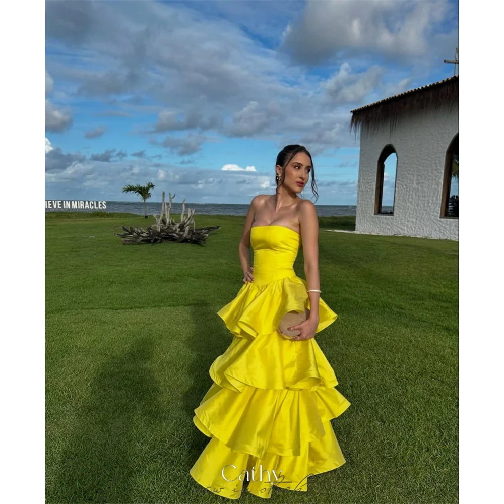 

Cathy Customized Yellow A-Line Multilayer Pleats Prom Dresses Strapless Sleeveless vestidos de noiva Floor-Length Formal Evening