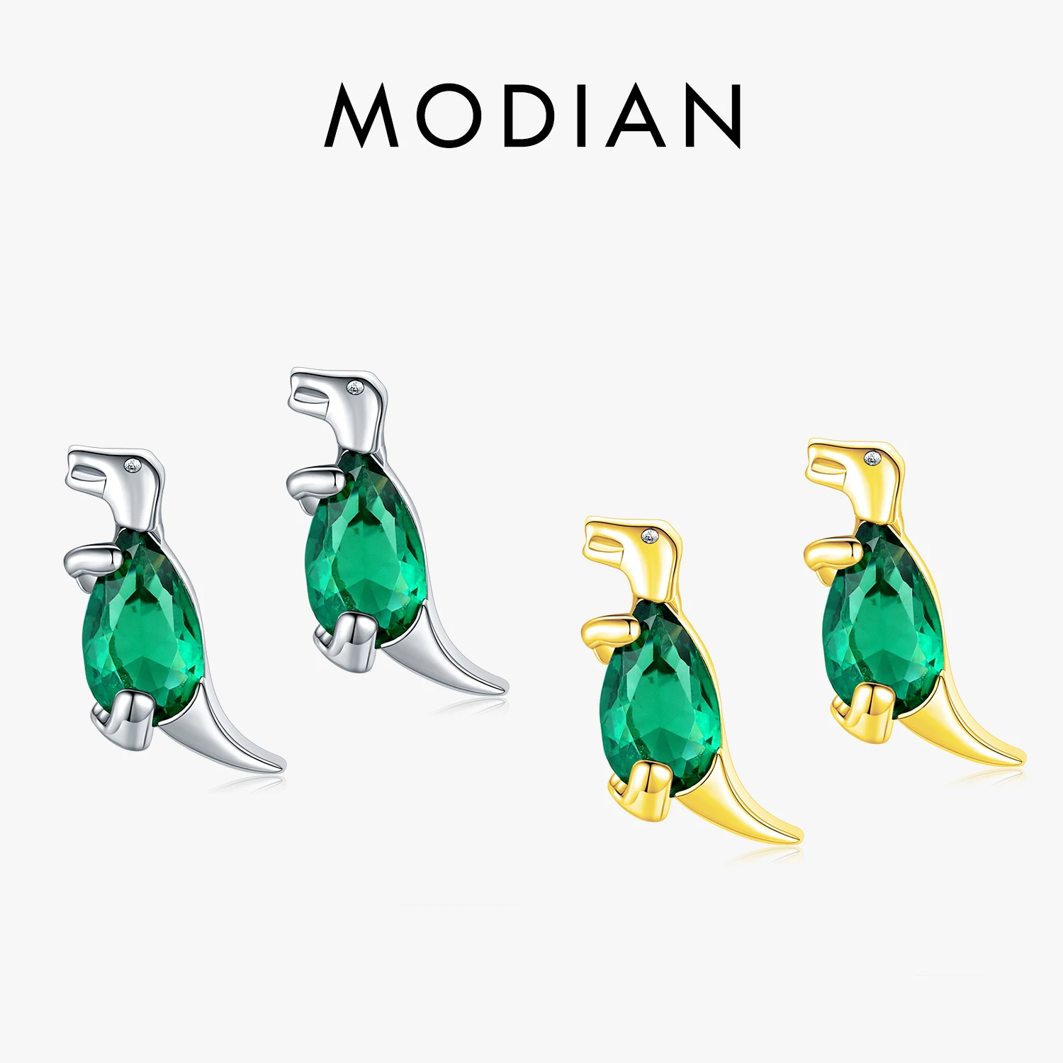 Modian New Pure 925 Sterling Silver Cute Crystal Tyrannosaurus Stud Earrings For Women Girls Gold Tiny Dinosaur Cute Jewelry