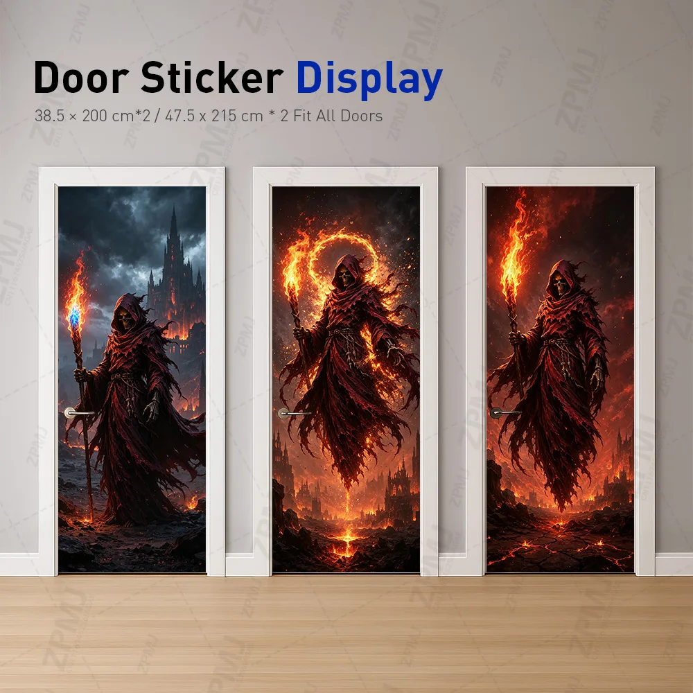 Fiery Reaper Door Decal, Fire Staff & Dark Castle Scene, PVC Self-Adhesive Waterproof Wipeable Sticker for Halloween Home Decor