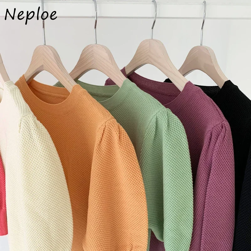 Neploe 2024 Korean Summer Trendy Loose Casual Knitted O Neck Puff Short Sleeve Simple Pullover Solid Color Design Sense Sweate