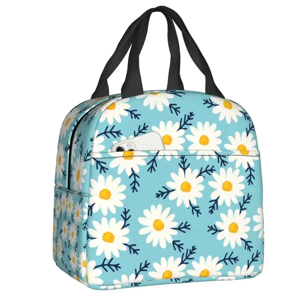 Custom Daisy Floral Lunch Bag Women Cooler Thermal Insulated Daisies Flower Lunch Box for Kids School Work Picnic Food Tote Bags