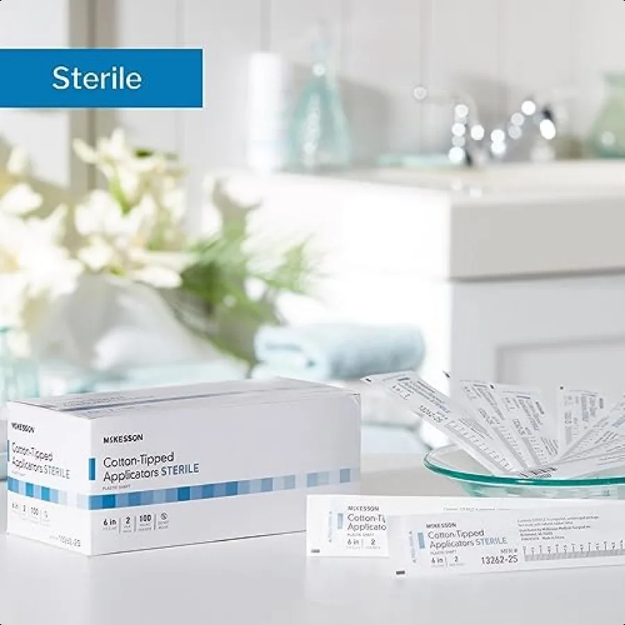 أداة تطبيق McKon ذات أطراف قطنية 6 بوصات [200 عدد] مسحات طبية معقمة طويلة ملفوفة بشكل فردي عمود بلاستيكي