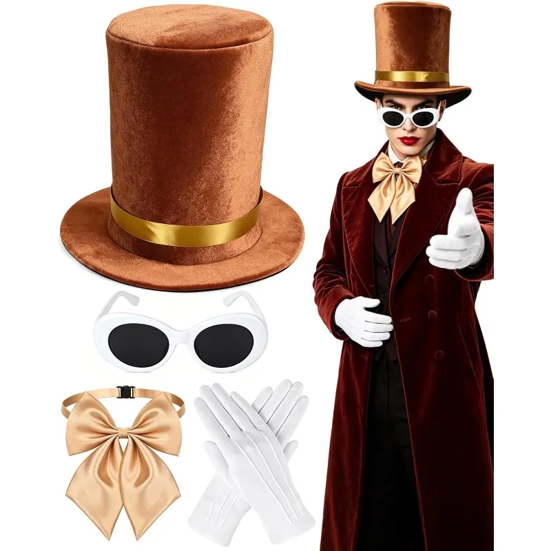 

Chocolate Top Hat,Halloween Chocolate Factory Costume Include Velvet Top Hat,Sunglasses,Bowtie Gloves Movie Character Dress Up