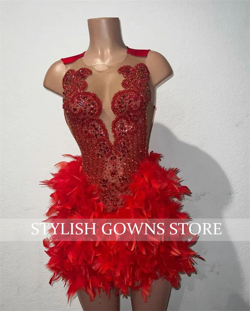 Red Short Prom Dress For Black Girl Beaded Crystal Rhinestone Birthday Party Dresses Feather Homecoming Cocktail Customized