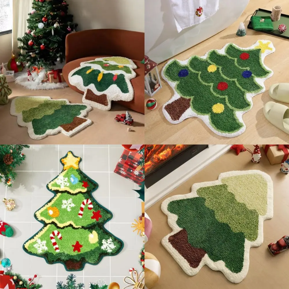 New Xmas Tree Shape Christmas Carpet Anti-Slip Backing Small Bedroom Rug Holiday Accessories Plush Bed Side Carpets Home Decor