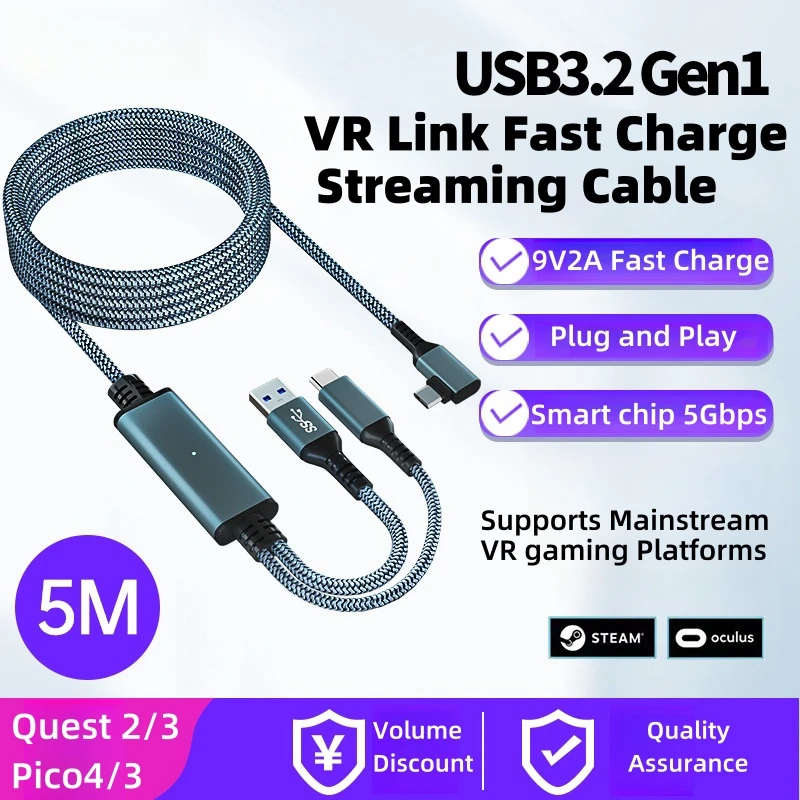 USB3.2 Gen1 VR Link Cable for Oculus Quest 3S/3/2 PICO Neo 3 PICO 4 Fast Charge 9V 2A Cable 5Gbps USB-C Data VR Streaming Line