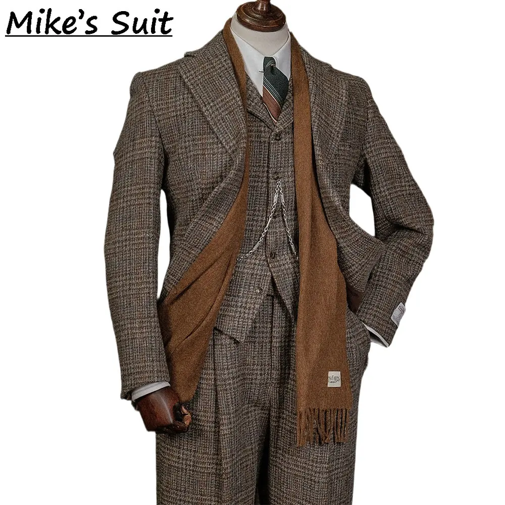 Vintage Men Glen Check Tweed 3 Piece Suit Grey Plaid Wool Jacket Vest Pants British Retro Wedding Suit
