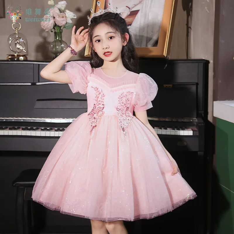 ウェディングフラワーガールドレス パフスリーブ スパンコール付き プロムドレス 子供用 プリンセスパーティー 誕生日 パフォーマンス チュールスカート