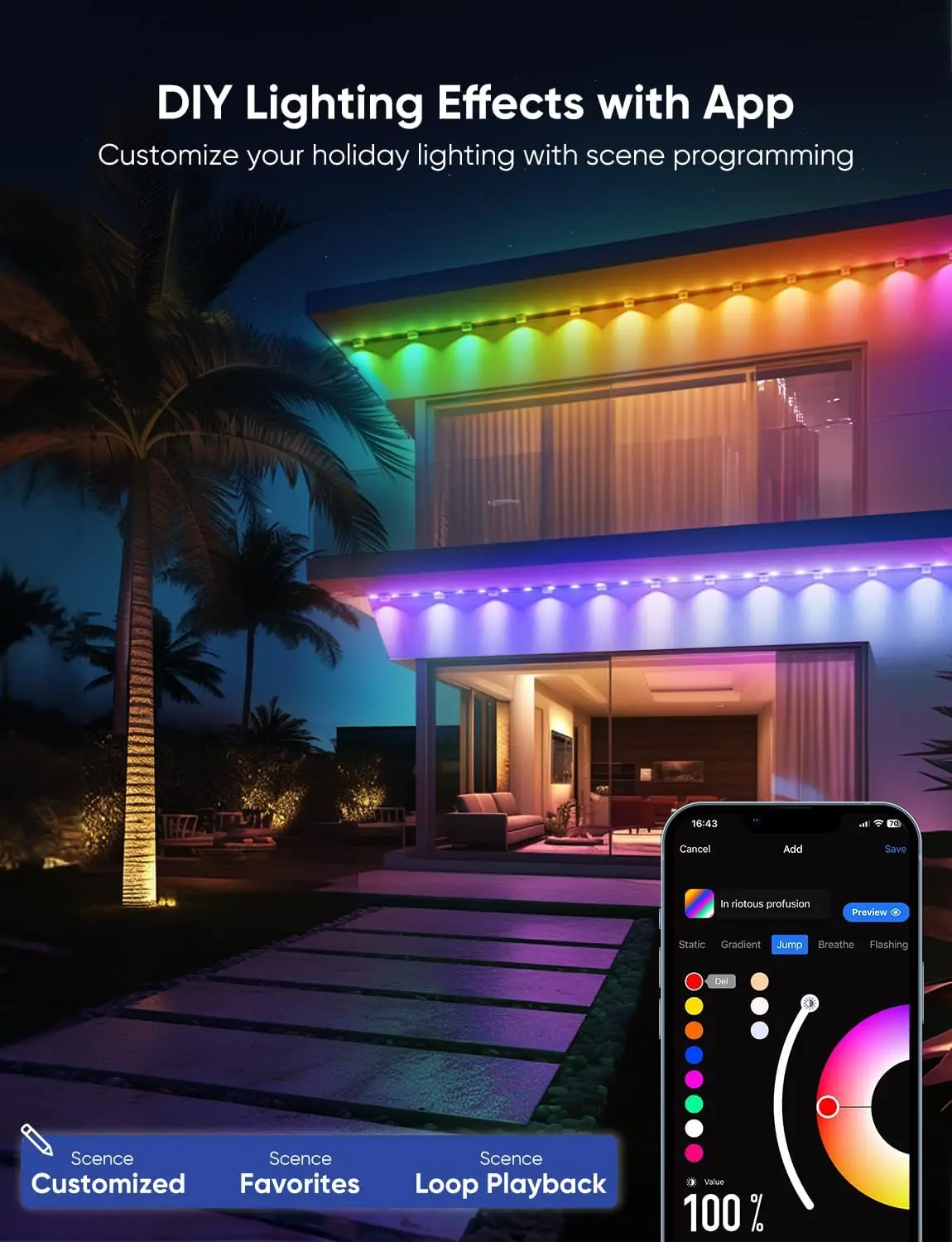 Professional Permanent Outdoor Eave Lighting System, 200ft with 144 RGBCW Lights