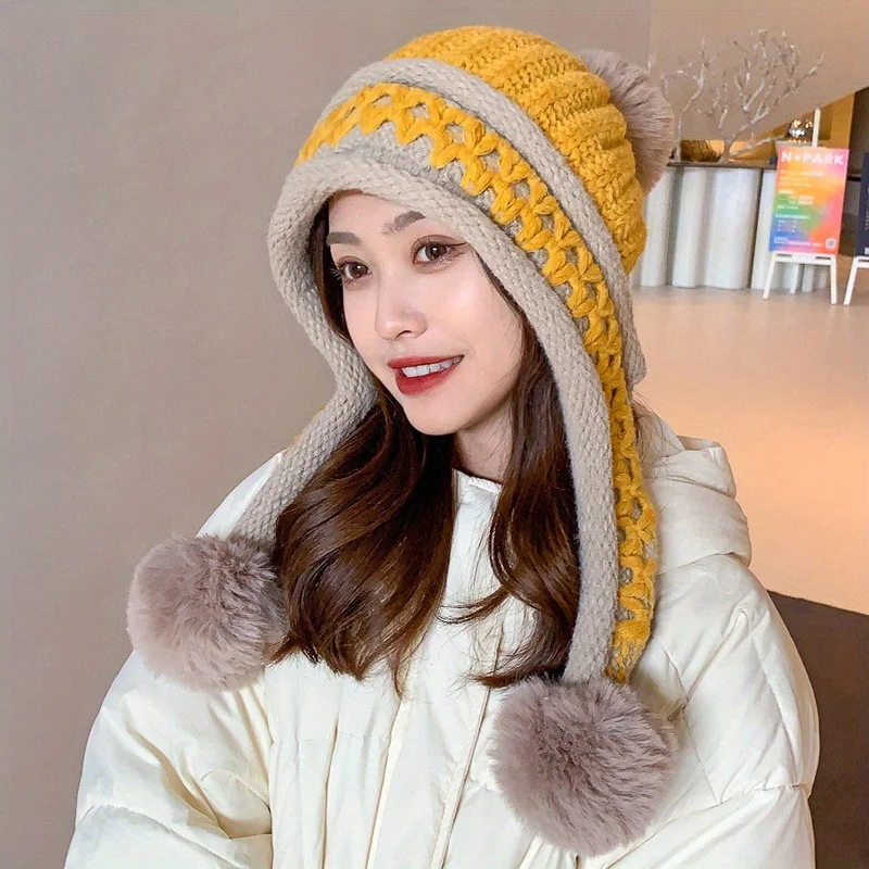 Two Wone Woven Woolen Hat Plush Warm Knitted Hat Cute Plush Ball Decoration Women's Winter Cold Proof Ear Protection Woolen Hat