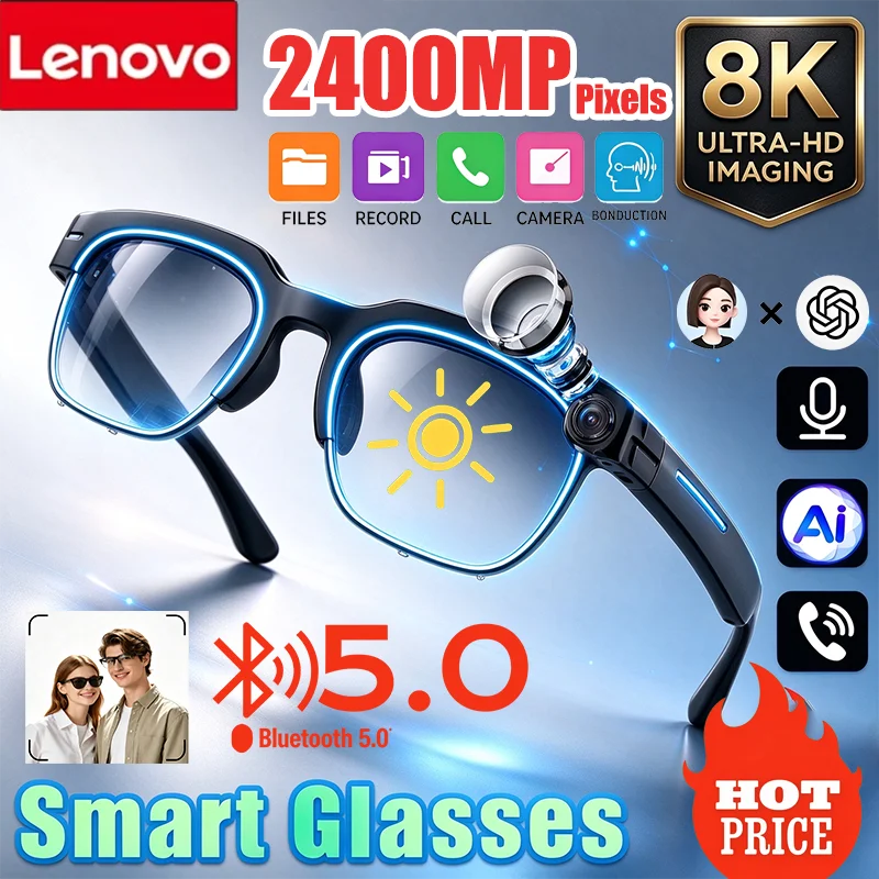 Lenovo 2027 New 8K AI Smart Glasses Bluetooth Conversation Recording AI Translation Music Listening Smart Eyewear for Men Women