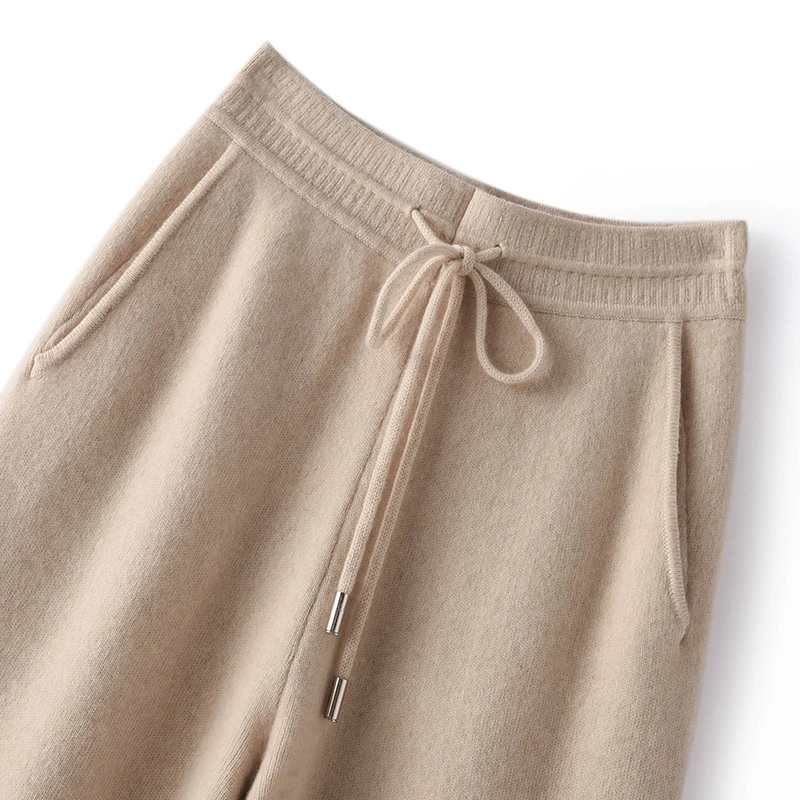 New Autumn Winter Women 100% Pure Cashmere Pants Soft Comfortable High-Waist Knitted Female Solid Color Thicken Wide Leg Pant