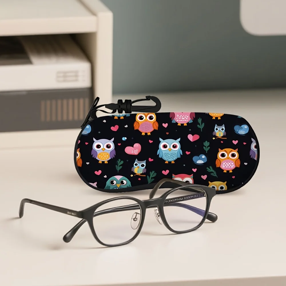 1pc Valentine's Day Owl Puzzle Print Eyeglass Case Cute Owl Pattern with Hearts Zippered Glasses Organizer Case