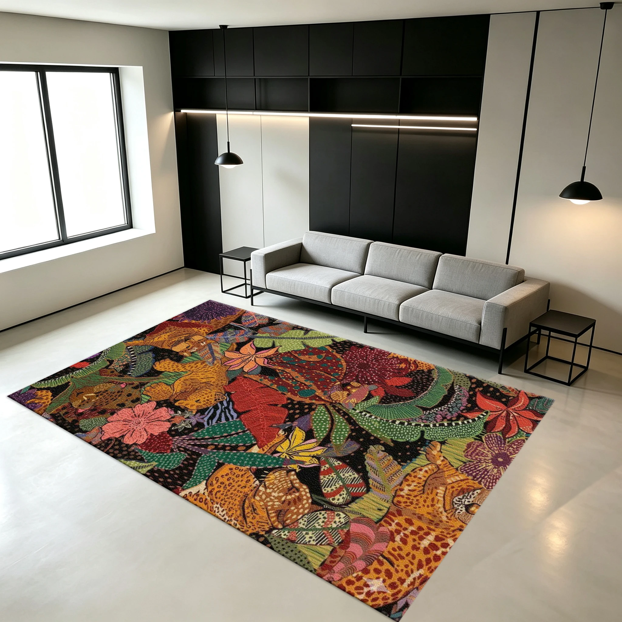 Tropical Jungle Leopard Print Floral Carpet Square Bohemian Style Rug, Suitable for Home Interior Decoration