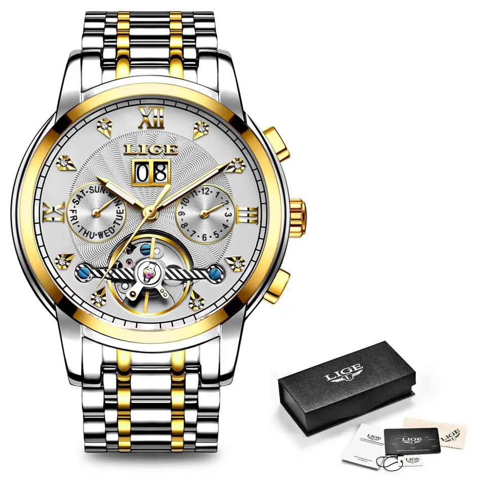 2025 LIGE Herrenuhren Automatische mechanische Uhr Tourbillon Sportuhr Leder Casual Business Retro Armbanduhr Uhren Hombre