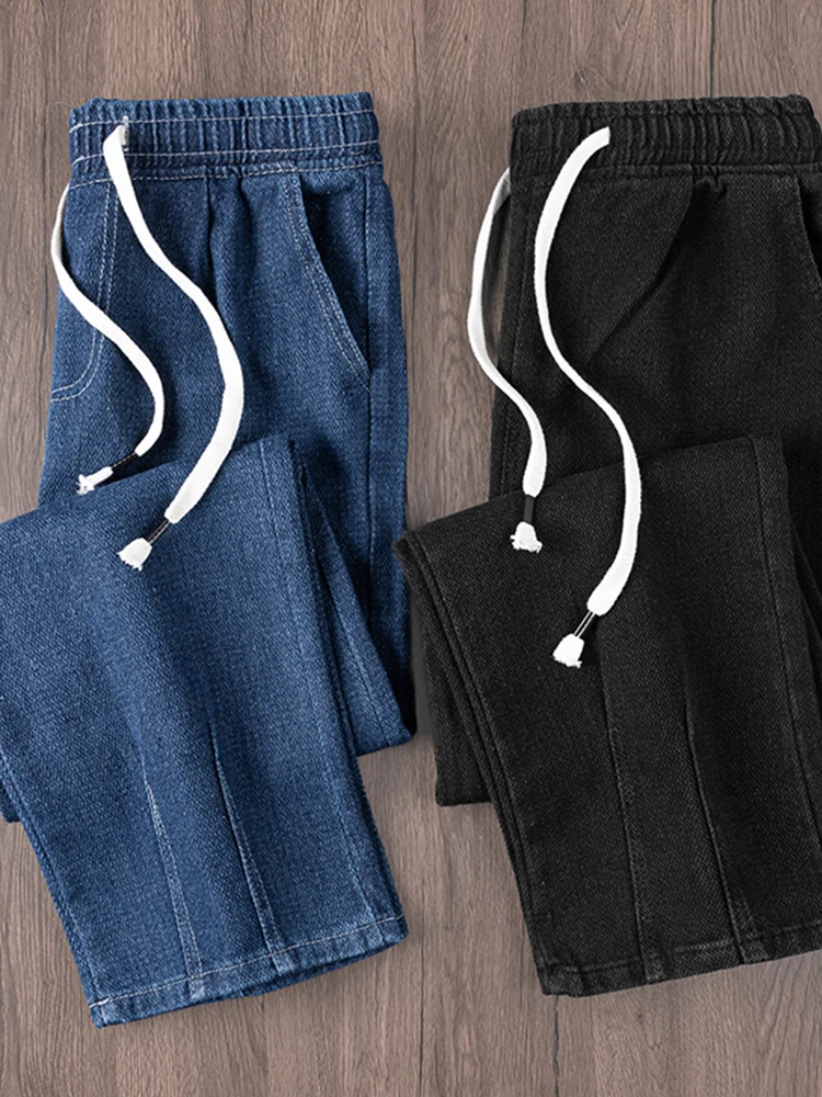 

Deep Blue Men's Loose Straight Leg Jeans Retro Washed Wide Leg Long Trousers High Street Style Cotton Polyester Blend Summer ...