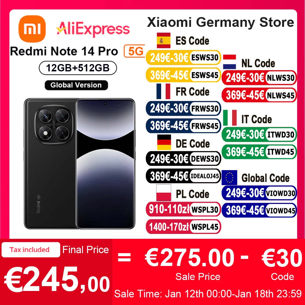Versione globale Redmi Note 14 Pro 5G MediaTek Dimensity 7300-Ultra NFC 200MP Display AMOLED 1.5K 120Hz Ricarica turbo 45W Batteria 5110mAh IP68 resistenza alla polvere e all'acqua MediaTek Dimensity